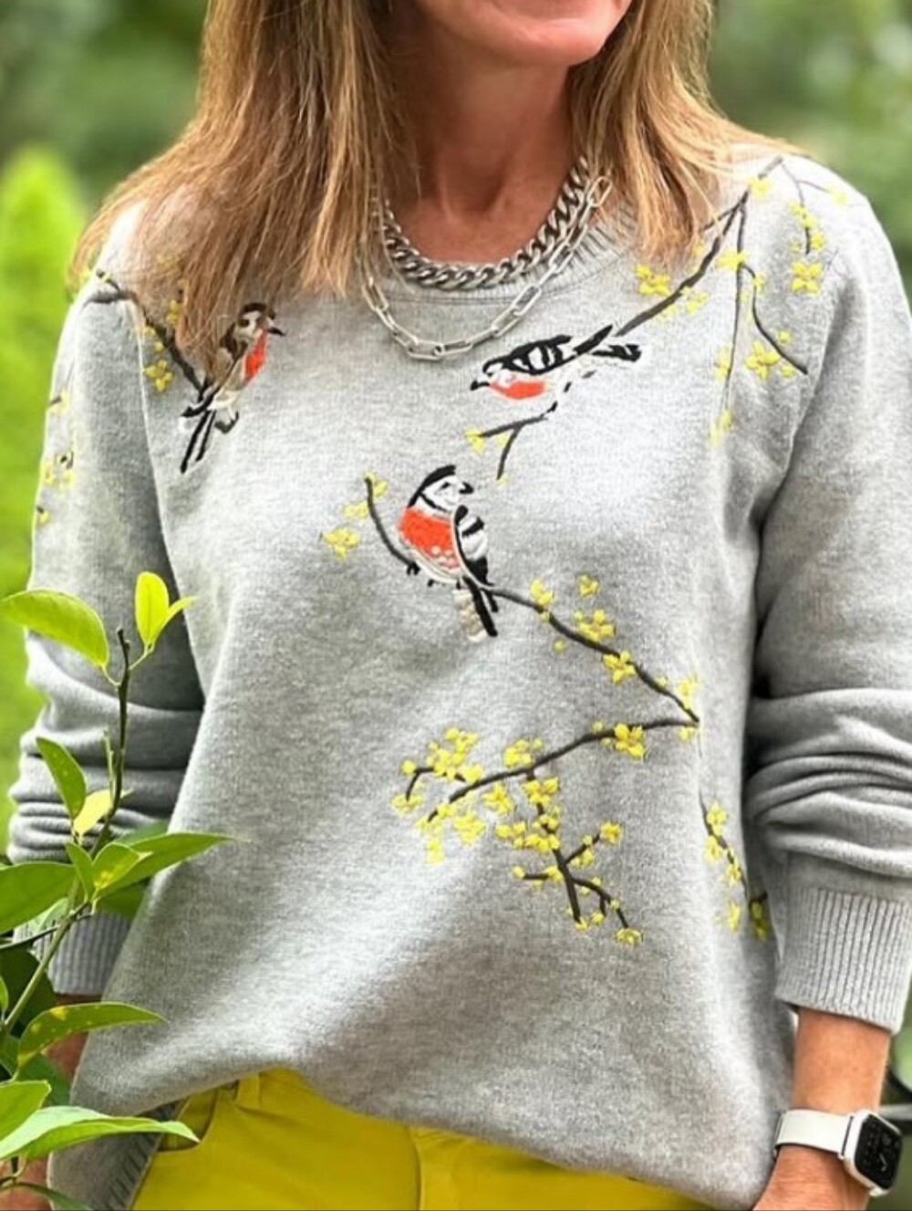 CAbi Gray Embroidered Song Bird Sweater Small XS